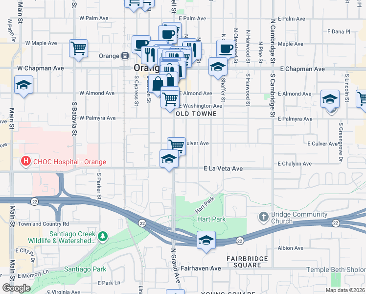 map of restaurants, bars, coffee shops, grocery stores, and more near 453 South Orange Street in Orange