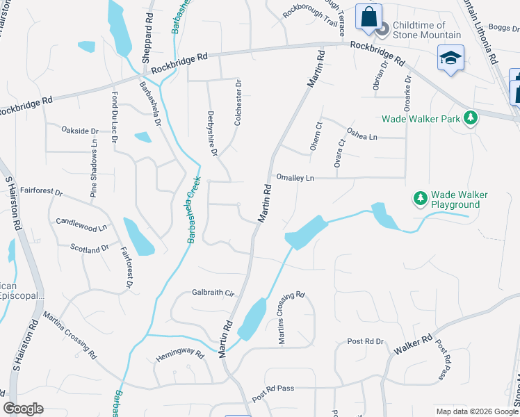 map of restaurants, bars, coffee shops, grocery stores, and more near 582 Martin Road in Stone Mountain