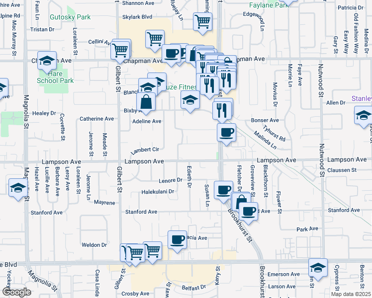 map of restaurants, bars, coffee shops, grocery stores, and more near 9812 Beverly Lane in Garden Grove