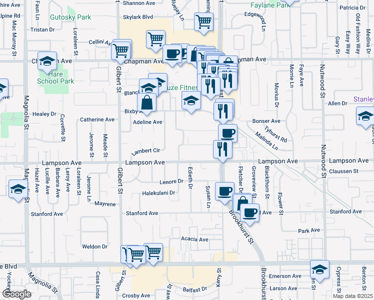 map of restaurants, bars, coffee shops, grocery stores, and more near 9812 Beverly Lane in Garden Grove