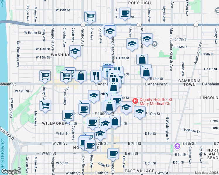 map of restaurants, bars, coffee shops, grocery stores, and more near 1235 Long Beach Boulevard in Long Beach