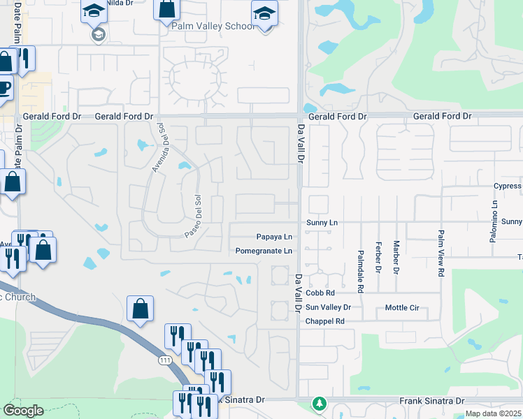 map of restaurants, bars, coffee shops, grocery stores, and more near 69859 Sunny Lane in Cathedral City