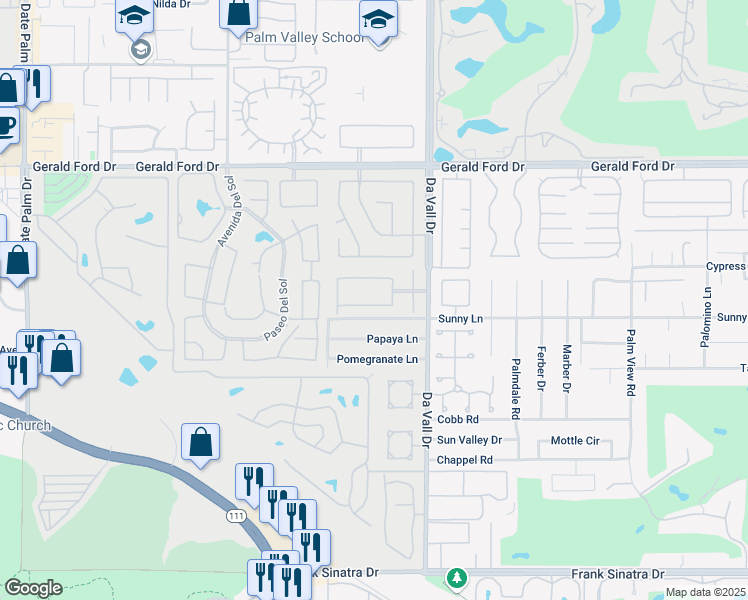 map of restaurants, bars, coffee shops, grocery stores, and more near 69858 Vía Del Sur in Cathedral City