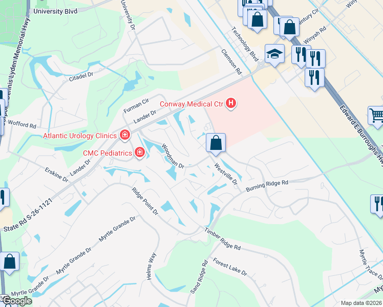 map of restaurants, bars, coffee shops, grocery stores, and more near 280 Myrtle Greens Drive in Conway