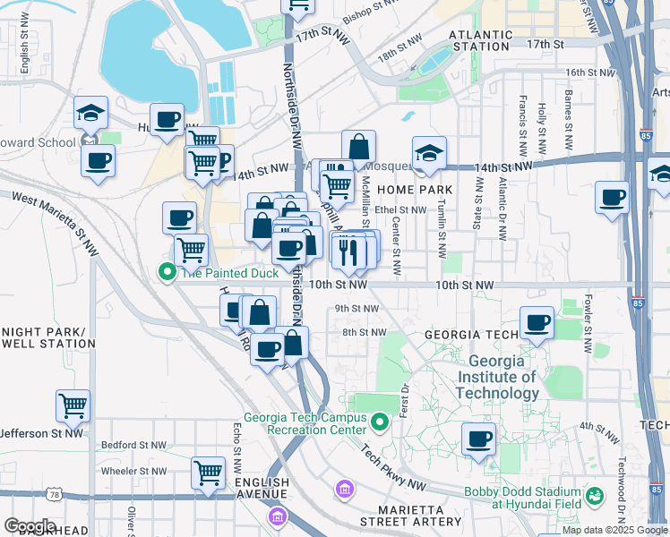map of restaurants, bars, coffee shops, grocery stores, and more near 539 10th Street Northwest in Atlanta