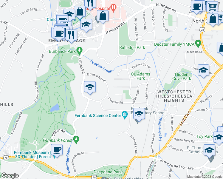 map of restaurants, bars, coffee shops, grocery stores, and more near 1715 East Clifton Road Northeast in Atlanta