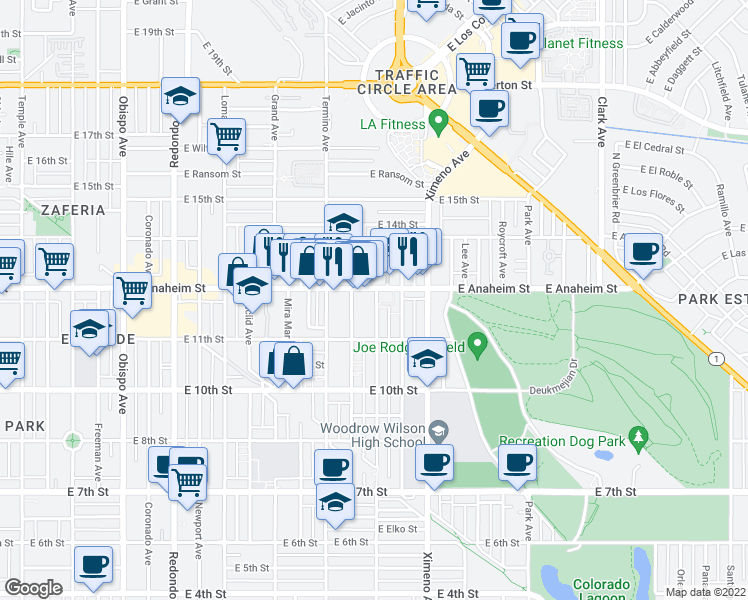 map of restaurants, bars, coffee shops, grocery stores, and more near 1223 Roswell Avenue in Long Beach