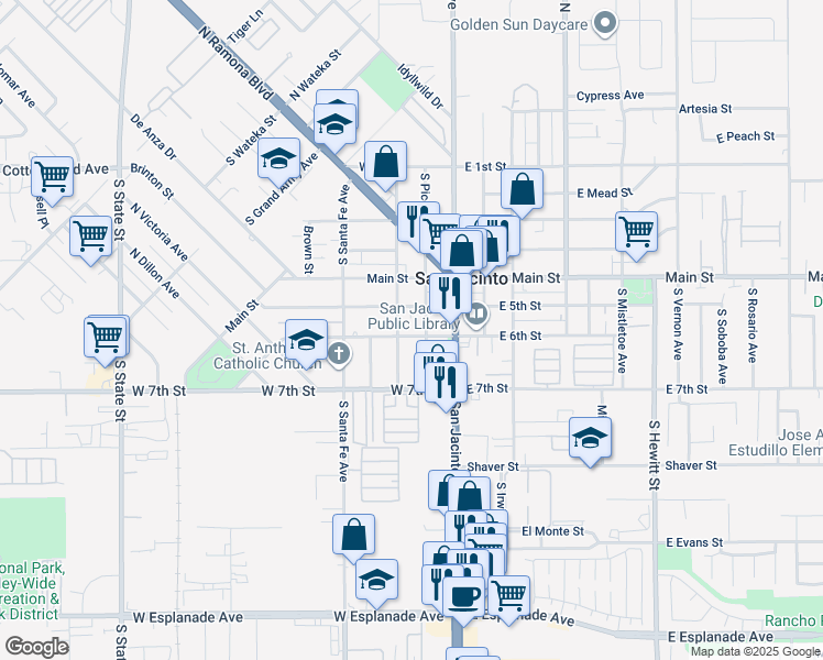 map of restaurants, bars, coffee shops, grocery stores, and more near 255 West 6th Street in San Jacinto