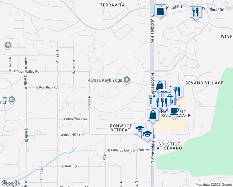 map of restaurants, bars, coffee shops, grocery stores, and more near 32675 North 70th Street in Scottsdale