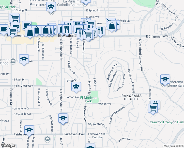 map of restaurants, bars, coffee shops, grocery stores, and more near in Orange