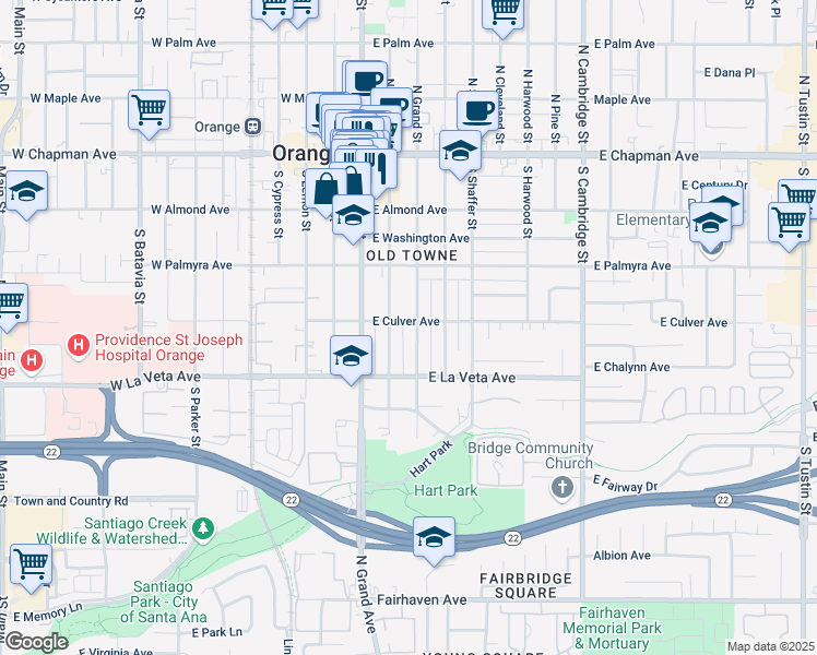 map of restaurants, bars, coffee shops, grocery stores, and more near 453 South Orange Street in Orange