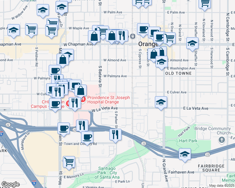 map of restaurants, bars, coffee shops, grocery stores, and more near 451 South Parker Street in Orange