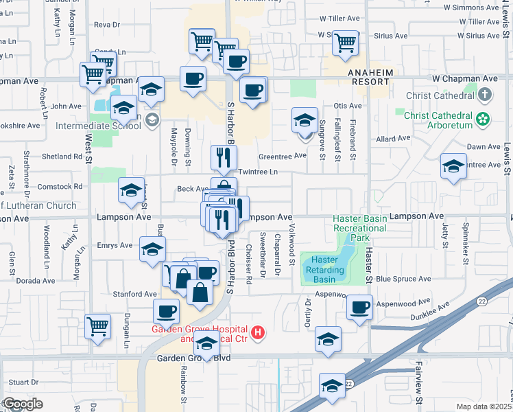 map of restaurants, bars, coffee shops, grocery stores, and more near 12582 Lampson Avenue in Garden Grove