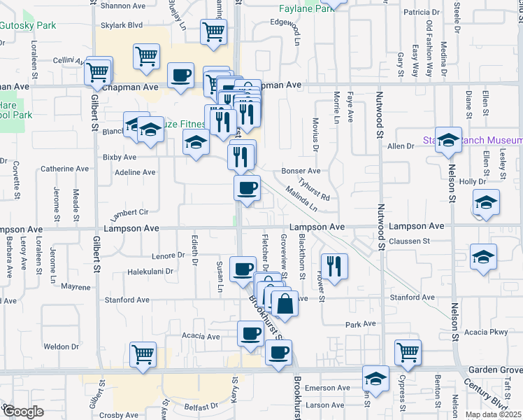 map of restaurants, bars, coffee shops, grocery stores, and more near 10071 Lampson Avenue in Garden Grove