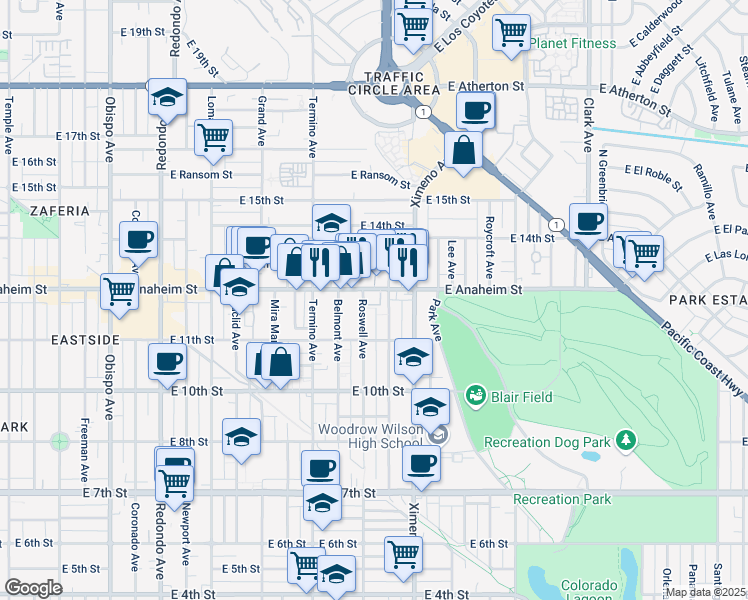 map of restaurants, bars, coffee shops, grocery stores, and more near 1137 Bennett Avenue in Long Beach