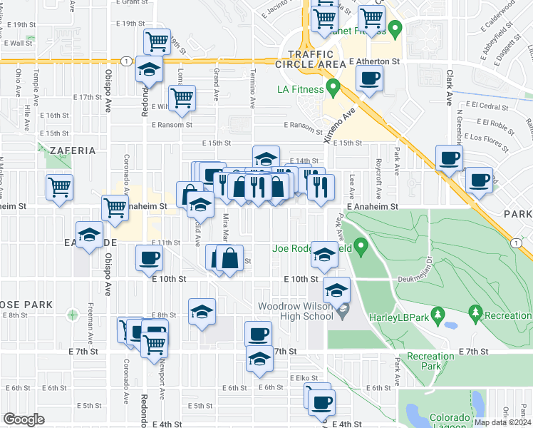 map of restaurants, bars, coffee shops, grocery stores, and more near 1142 Belmont Avenue in Long Beach