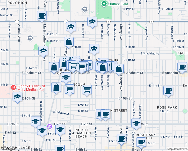 map of restaurants, bars, coffee shops, grocery stores, and more near 1136 Hoffman Avenue in Long Beach