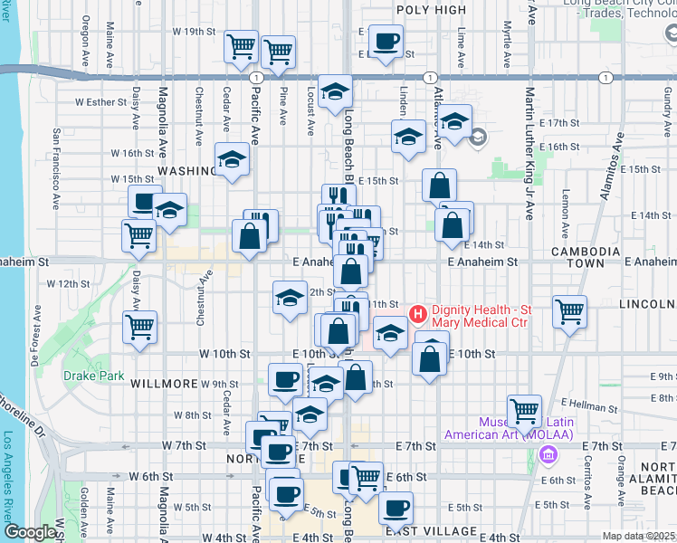 map of restaurants, bars, coffee shops, grocery stores, and more near 1201 Long Beach Boulevard in Long Beach