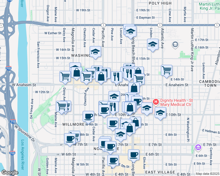 map of restaurants, bars, coffee shops, grocery stores, and more near 1205 Pine Avenue in Long Beach