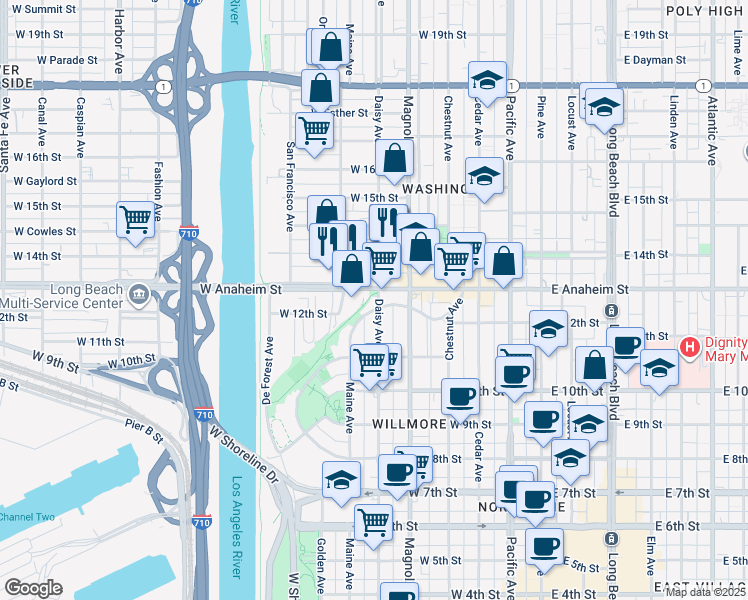 map of restaurants, bars, coffee shops, grocery stores, and more near 1194 North Loma Vista Drive in Long Beach