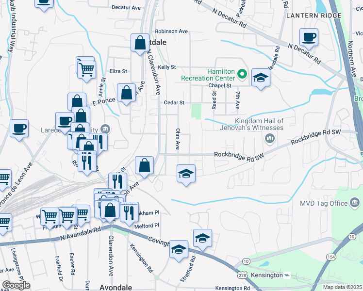 map of restaurants, bars, coffee shops, grocery stores, and more near 263 Ohm Avenue in Avondale Estates