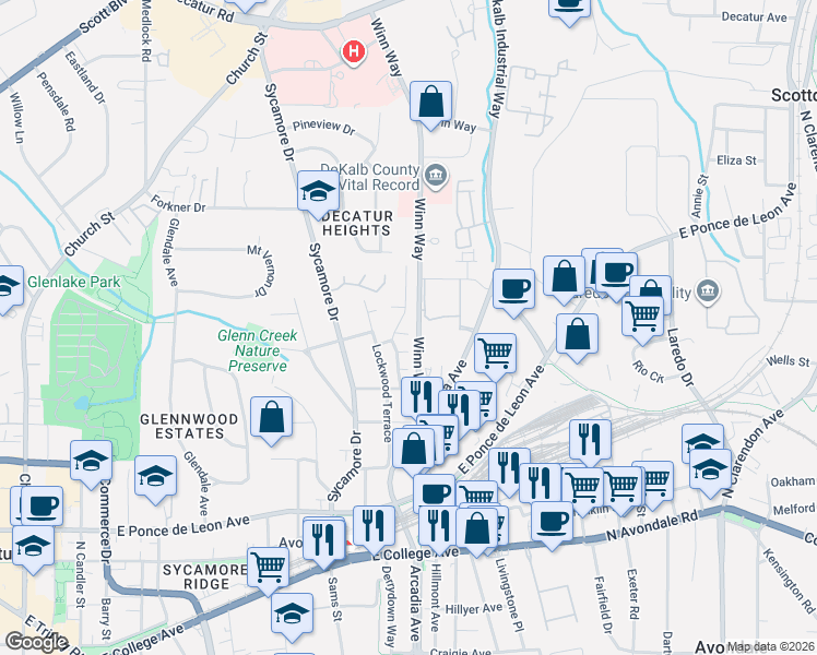 map of restaurants, bars, coffee shops, grocery stores, and more near 304 Sycamore Ridge Drive in Decatur