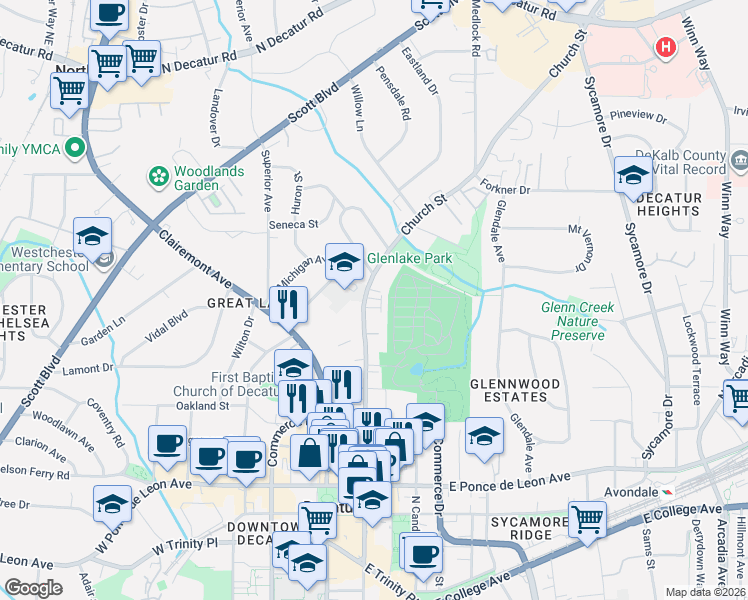 map of restaurants, bars, coffee shops, grocery stores, and more near 20 Candler Grove Drive in Decatur
