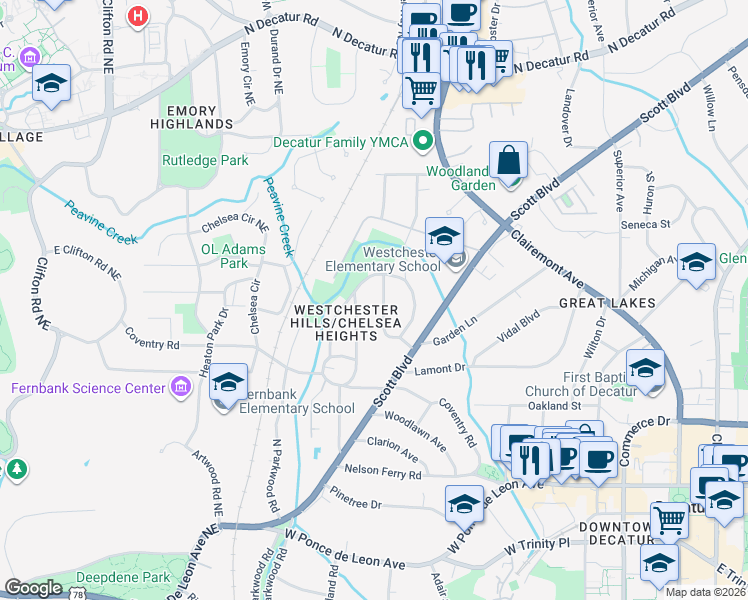 map of restaurants, bars, coffee shops, grocery stores, and more near 152 Ridley Circle in Decatur
