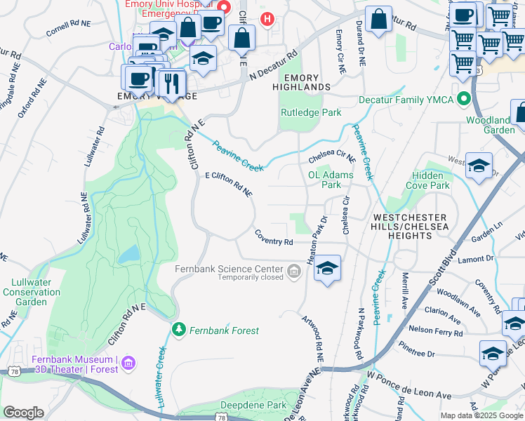 map of restaurants, bars, coffee shops, grocery stores, and more near 1715 East Clifton Road Northeast in Atlanta