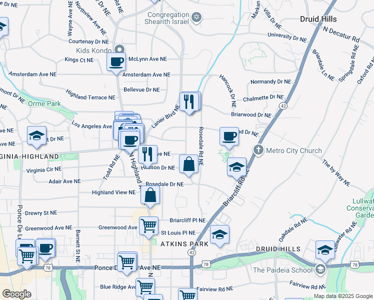map of restaurants, bars, coffee shops, grocery stores, and more near 1153 North Virginia Avenue Northeast in Atlanta