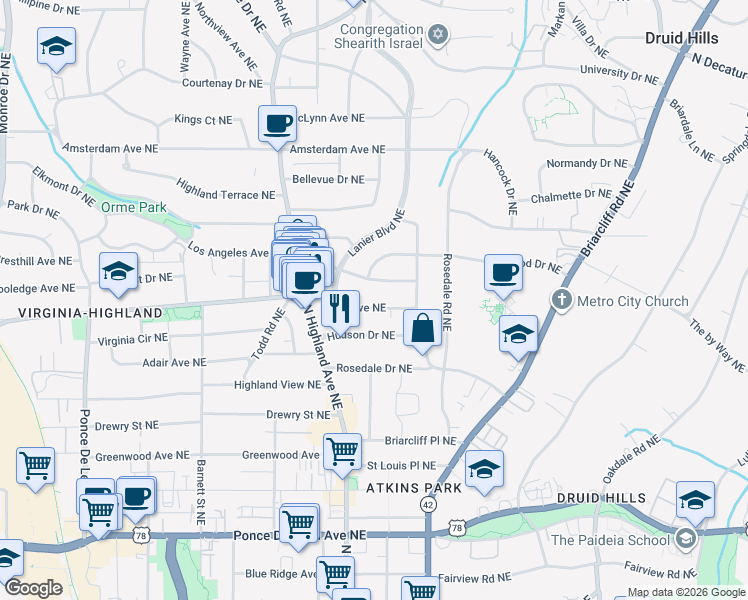 map of restaurants, bars, coffee shops, grocery stores, and more near 1105 Virginia Avenue Northeast in Atlanta