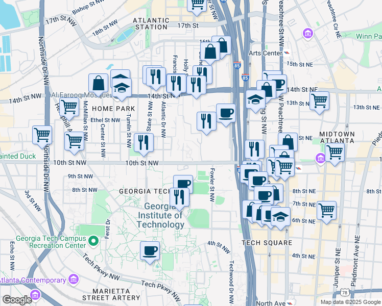 map of restaurants, bars, coffee shops, grocery stores, and more near in Atlanta