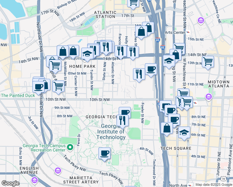 map of restaurants, bars, coffee shops, grocery stores, and more near 317 10th Street Northwest in Atlanta
