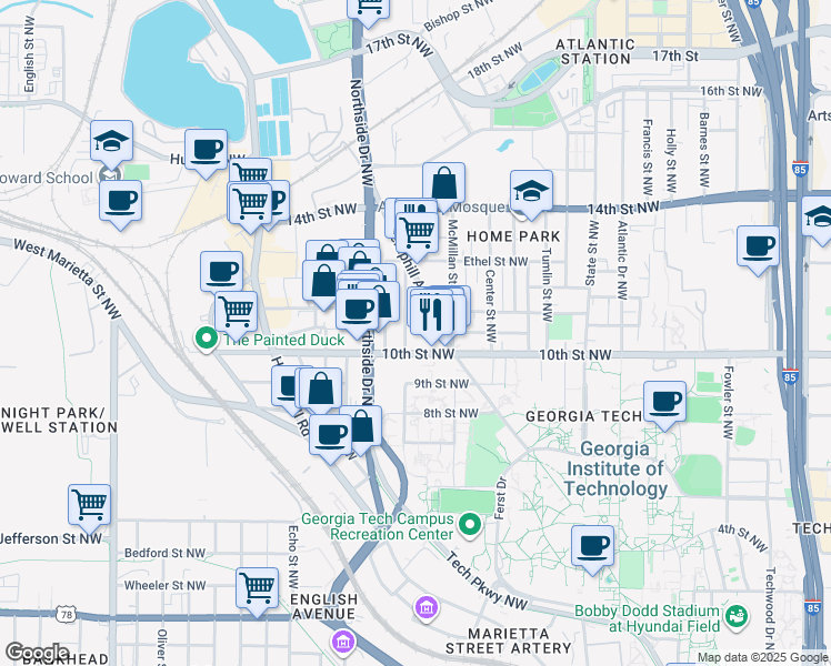 map of restaurants, bars, coffee shops, grocery stores, and more near 539 10th Street Northwest in Atlanta