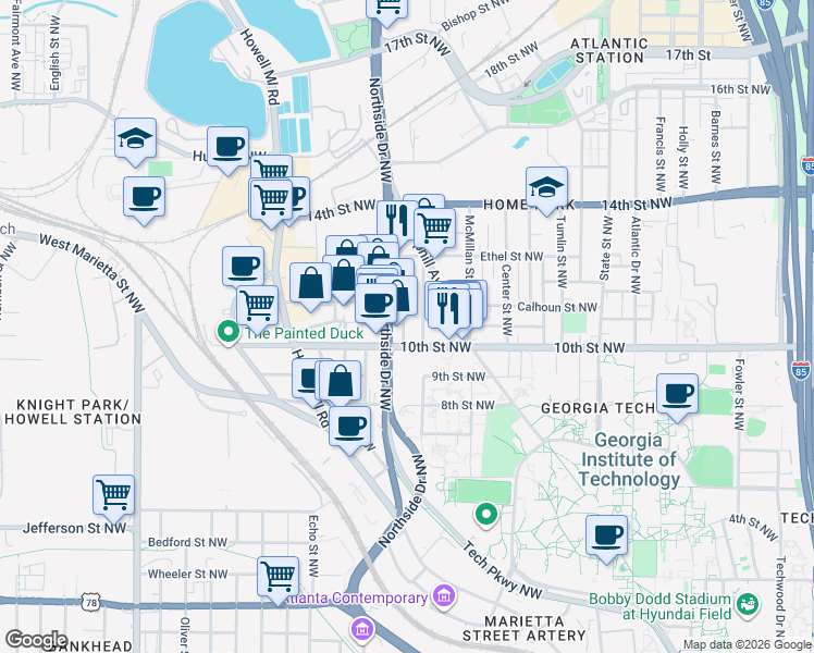 map of restaurants, bars, coffee shops, grocery stores, and more near 591 10th Street Northwest in Atlanta