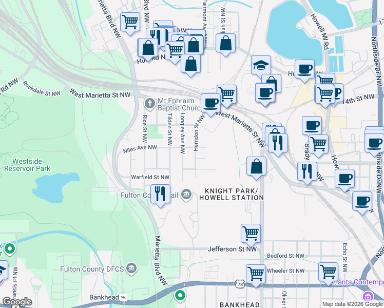 map of restaurants, bars, coffee shops, grocery stores, and more near 973 Herndon Street Northwest in Atlanta