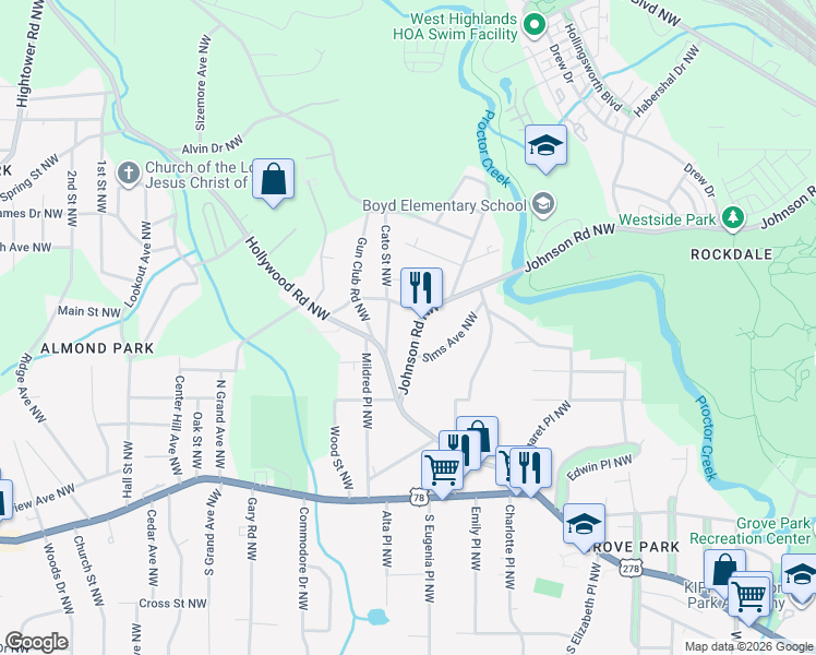 map of restaurants, bars, coffee shops, grocery stores, and more near 28 Johnson Road Northwest in Atlanta