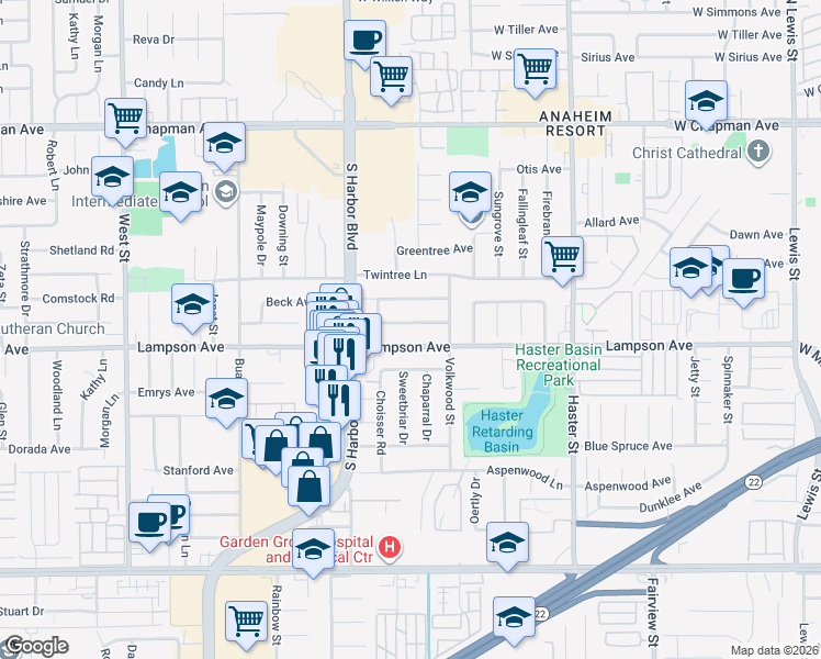 map of restaurants, bars, coffee shops, grocery stores, and more near 12662 Lampson Avenue in Garden Grove