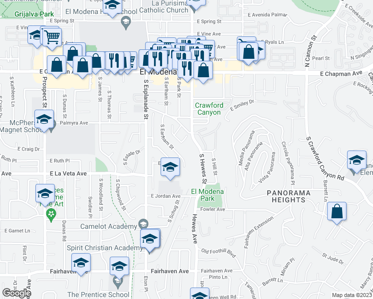 map of restaurants, bars, coffee shops, grocery stores, and more near 380 South Hewes Street in Orange