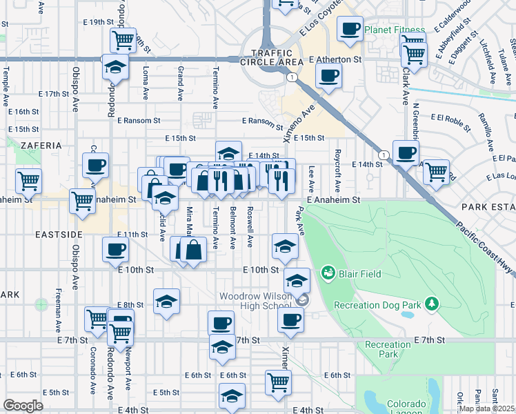 map of restaurants, bars, coffee shops, grocery stores, and more near 4200 East Anaheim Street in Long Beach