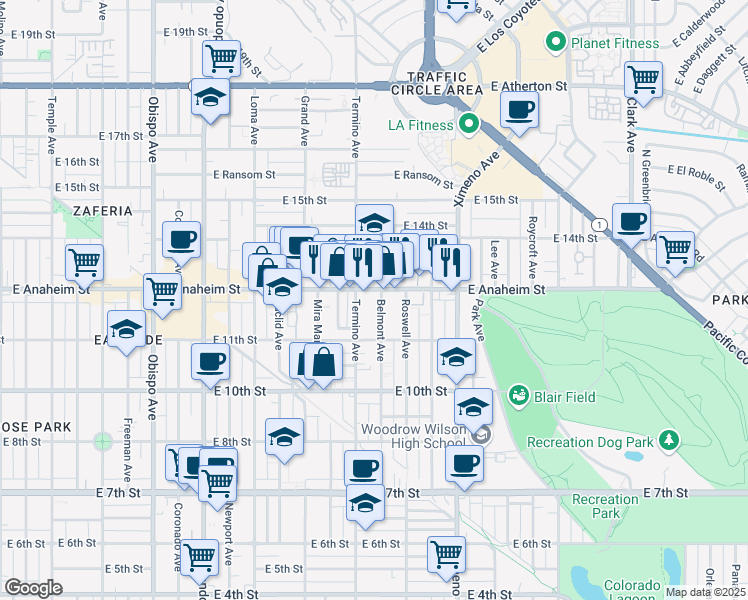 map of restaurants, bars, coffee shops, grocery stores, and more near 1225 Belmont Avenue in Long Beach