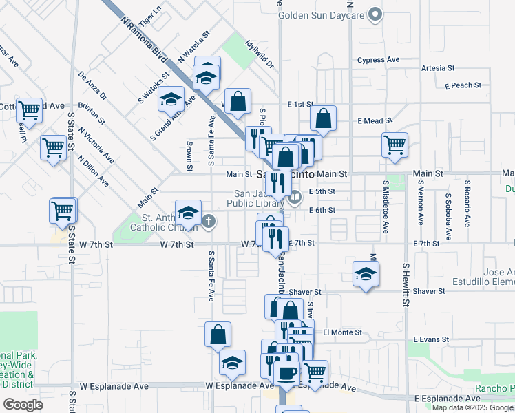 map of restaurants, bars, coffee shops, grocery stores, and more near 231 West 6th Street in San Jacinto