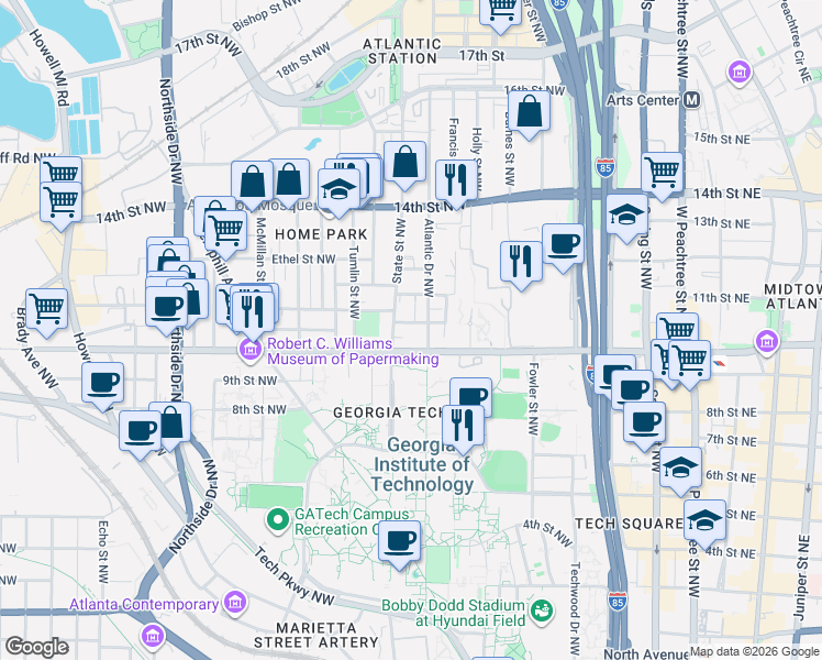 map of restaurants, bars, coffee shops, grocery stores, and more near 364 10th Street Northwest in Atlanta