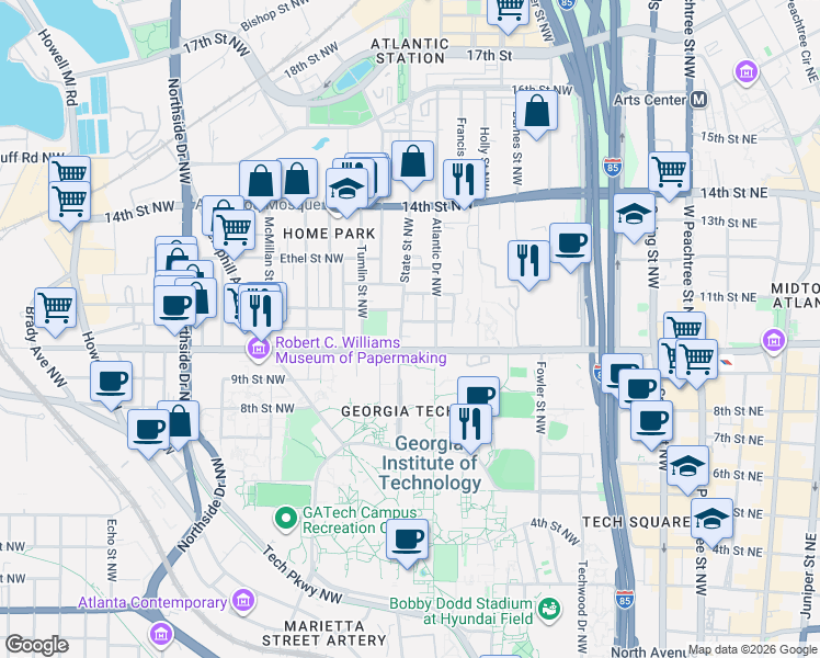 map of restaurants, bars, coffee shops, grocery stores, and more near 364 10th Street Northwest in Atlanta