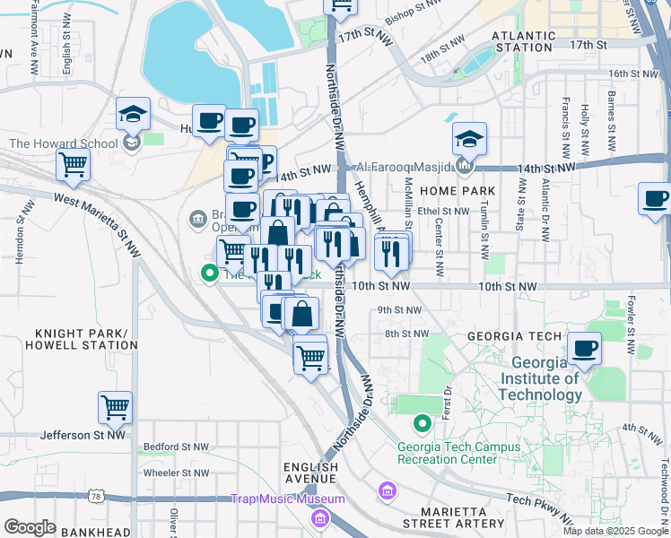 map of restaurants, bars, coffee shops, grocery stores, and more near 1000 Northside Drive Northwest in Atlanta