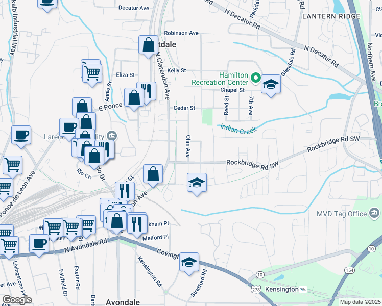 map of restaurants, bars, coffee shops, grocery stores, and more near 263 Ohm Avenue in Avondale Estates