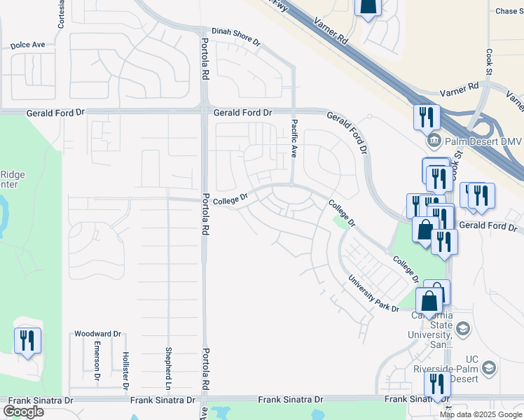 map of restaurants, bars, coffee shops, grocery stores, and more near 75157 Radford Drive in Palm Desert