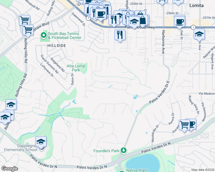 map of restaurants, bars, coffee shops, grocery stores, and more near 28 Phillips Ranch Road in Rolling Hills Estates