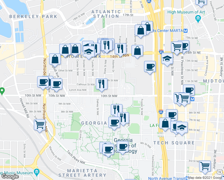 map of restaurants, bars, coffee shops, grocery stores, and more near 330 Home Park Avenue Northwest in Atlanta
