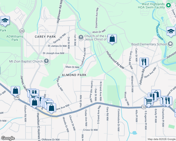 map of restaurants, bars, coffee shops, grocery stores, and more near 1013 Ada Avenue Northwest in Atlanta